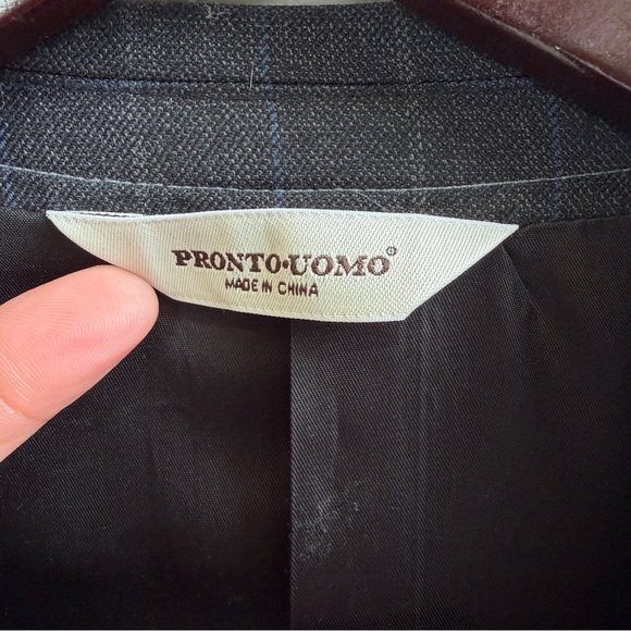 Pronto Uomo Men 46" Chest Dark Gray Blue Plaid Wool Sport Coat Jacket Blazer - Picture 3 of 14